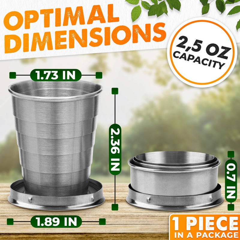 DIMROM Collapsible Travel Cup with Lid 2.5Oz (75ml) - Leak-Proof Ð¡ollapsible Shot Glass Keychain, Highly Portable, Made of Rust & Bend Resistant Stainless Steel - Foldable Cup for Traveling, Fishing, Camping - Image 2